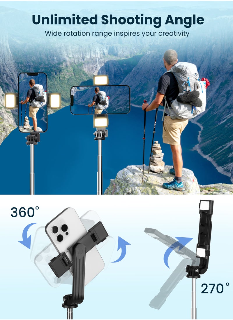 Xkimos - Selfie Stick Tripod, 165cm Retractable Smartphone Tripod with Wireless Remote Control and Dual Fill Light, Portable Phone Tripod for iPhone/Samsung/GoPro/Android Phones - Image 1