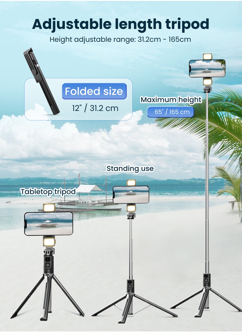 Xkimos - Selfie Stick Tripod, 165cm Retractable Smartphone Tripod with Wireless Remote Control and Dual Fill Light, Portable Phone Tripod for iPhone/Samsung/GoPro/Android Phones - Image 1