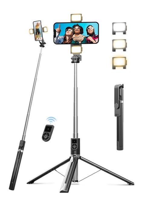 65-inch Selfie Tripod, Portable Telescopic Smartphone Tripod with Wireless Remote Control and Dual Fill Light, Compatible with iPhone and Android Smartphones, Great for Travel, Vlog, Video and Photography