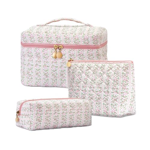 Teiniuby 3Pcs Quilted Pink Floral Makeup Bag Cosmetic Bag for Women Teen GirlsCute Flowers Make Up BagsAesthetic Large Cotton Cosmetic PouchFlower Coquette Travel Toiletry Organizer Storage Bag - Image 1