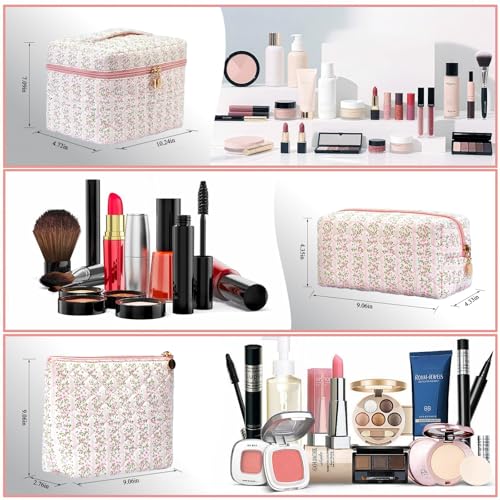 Teiniuby 3Pcs Quilted Pink Floral Makeup Bag Cosmetic Bag for Women Teen GirlsCute Flowers Make Up BagsAesthetic Large Cotton Cosmetic PouchFlower Coquette Travel Toiletry Organizer Storage Bag - Image 3