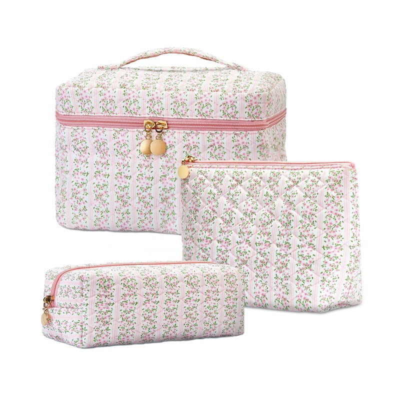Teiniuby 3Pcs Quilted Pink Floral Makeup Bag Cosmetic Bag for Women Teen GirlsCute Flowers Make Up BagsAesthetic Large Cotton Cosmetic PouchFlower Coquette Travel Toiletry Organizer Storage Bag - Image 2