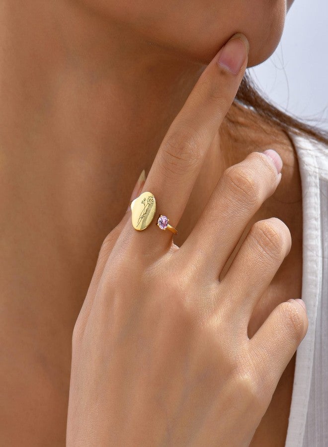 SLOONG Handmade Birth Month Flower Signet Ring 14K Gold Plated Ring Birth Stone Ring Birthday Valentine's Christmas Gift for Mom Daughter Girlfriend Wife, Adjustable, Metal, Agate - Image 3