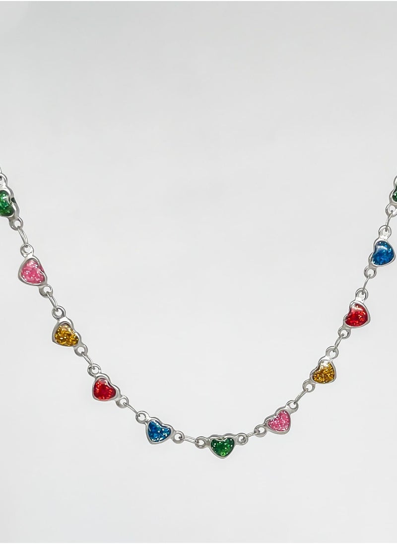 Clé de Lune - Silver Colorful Heart Shaped Stones Necklace - Image 1
