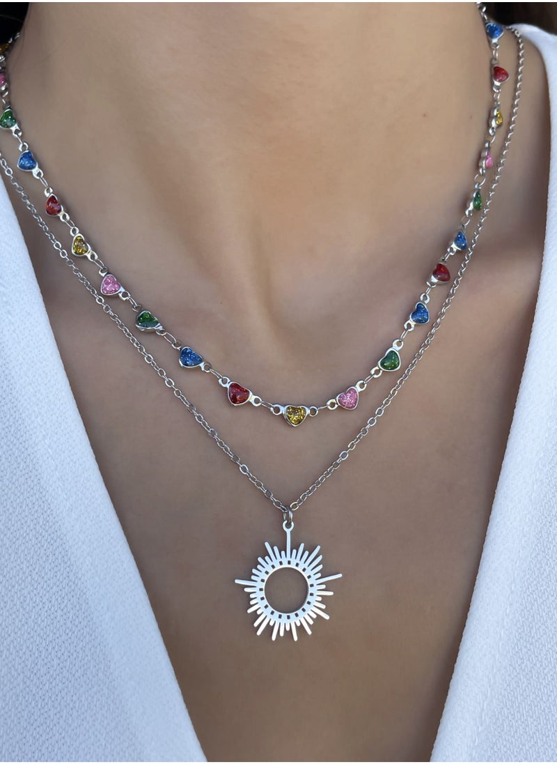 Clé de Lune - Silver Colorful Heart Shaped Stones Necklace - Image 1
