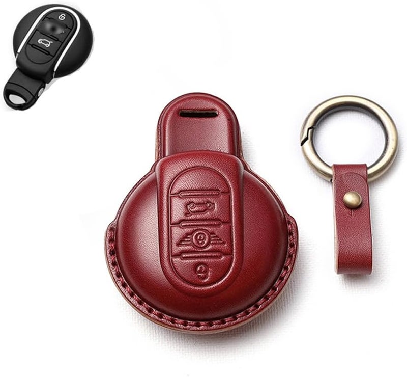 SANRILY Key Cover fit for Mini Cooper 2016-2021 Clubman Countryman Hardtop Convertible Keyless Entry Remote Key Protector Case Leather Key Ring Holder Red - Image 1