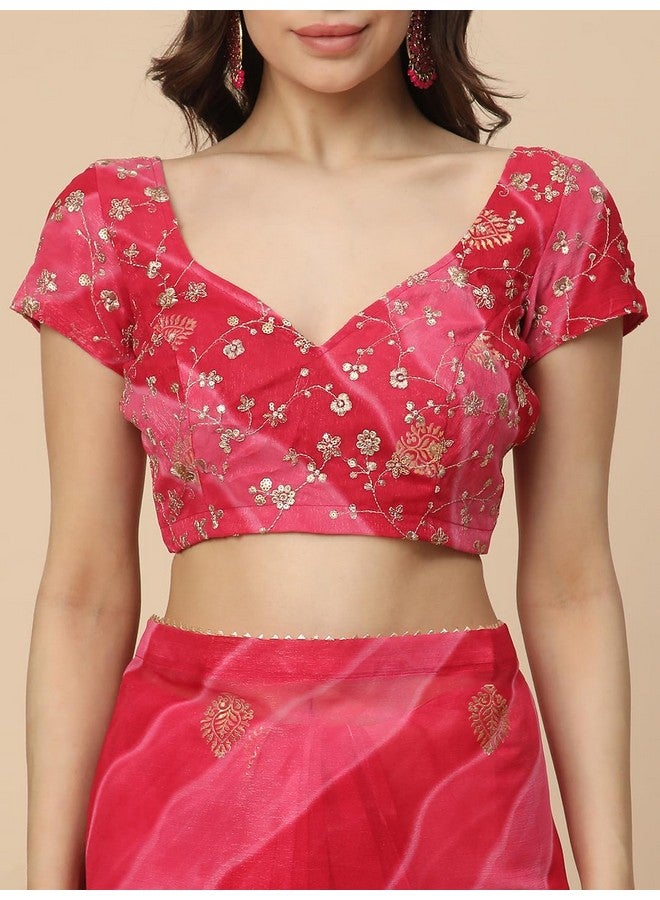 RATAN Women's Shimmer Georgette Leheriya Printed Saree with Embroidered Blouse Piece (GLL-BP-21889_Rani Pink) - Image 3