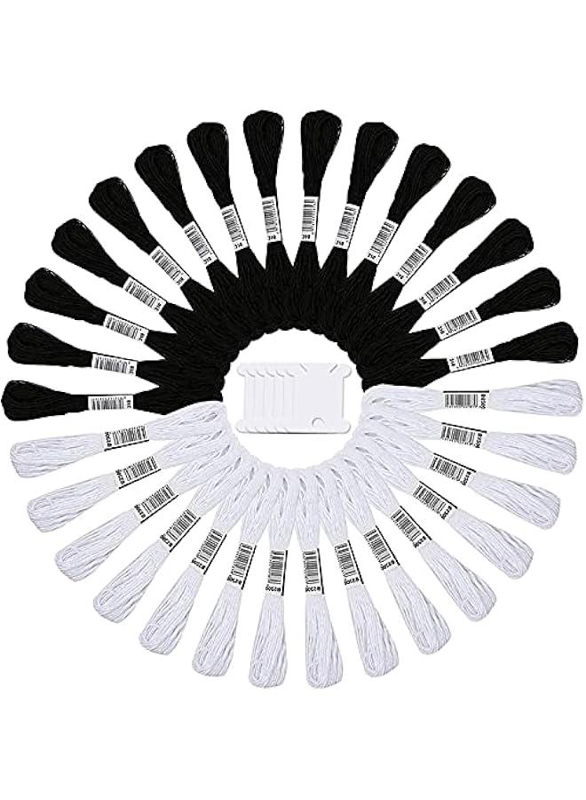 RYNX 24 Strands of Black and White Cotton Embroidery Floss for Friendship Bracelets and Cross Stitch Projects Including 12 Floss Bobbins for Knitting - Image 1