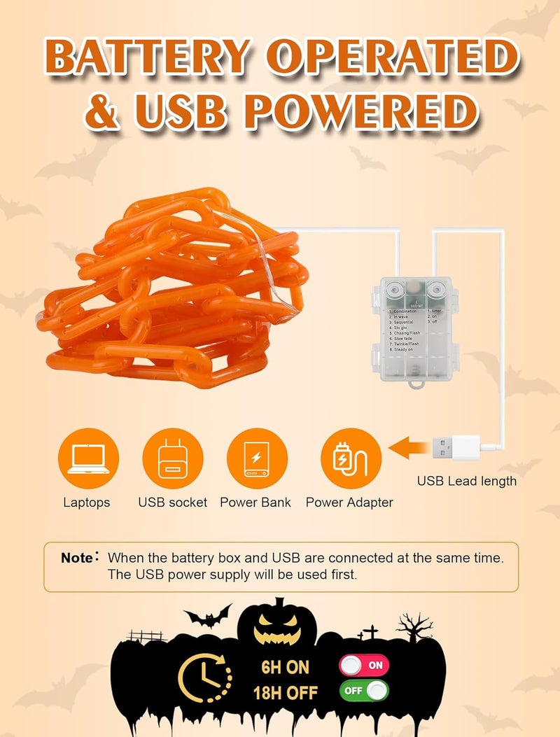 BEEWIN Halloween Decorations Chain Lights,10.4 Ft 175 LED Plastic Chain String Lights Battery Operated and USB,8 Lighting Modes Orange Light with Timer for Halloween Skeleton Dog Party Spooky Outdoor - Image 5