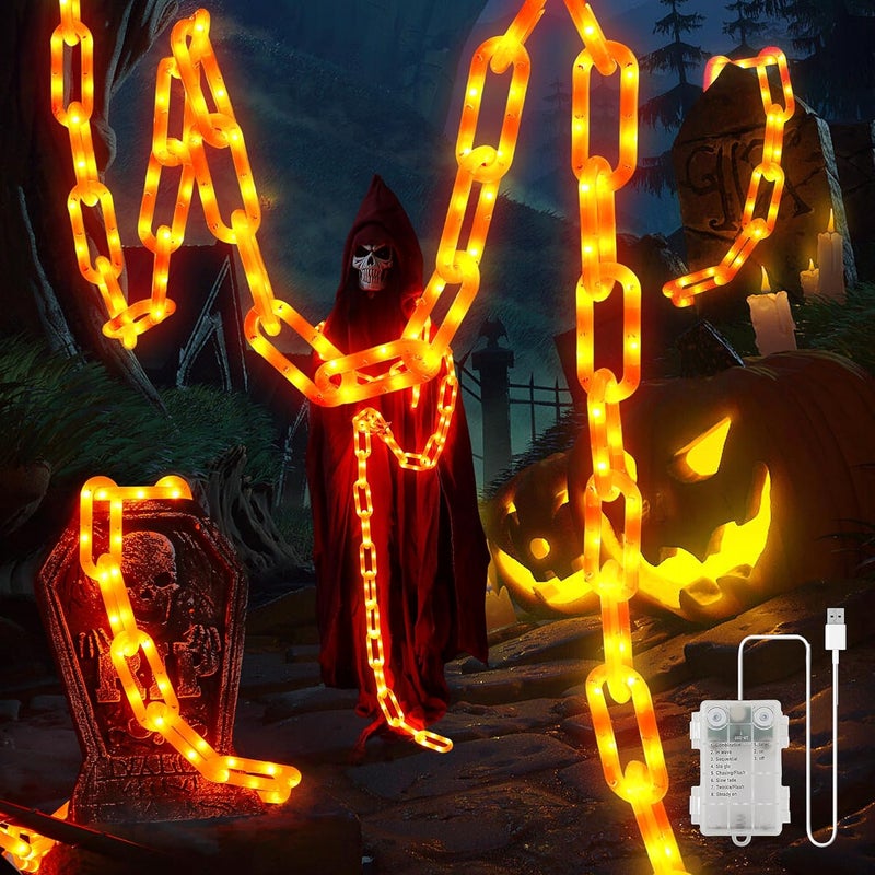 BEEWIN Halloween Decorations Chain Lights,10.4 Ft 175 LED Plastic Chain String Lights Battery Operated and USB,8 Lighting Modes Orange Light with Timer for Halloween Skeleton Dog Party Spooky Outdoor - Image 1