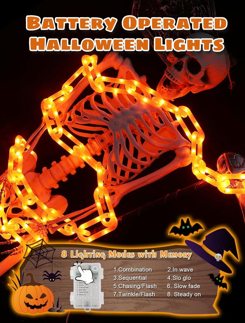 BEEWIN Halloween Decorations Chain Lights,10.4 Ft 175 LED Plastic Chain String Lights Battery Operated and USB,8 Lighting Modes Orange Light with Timer for Halloween Skeleton Dog Party Spooky Outdoor - Image 3