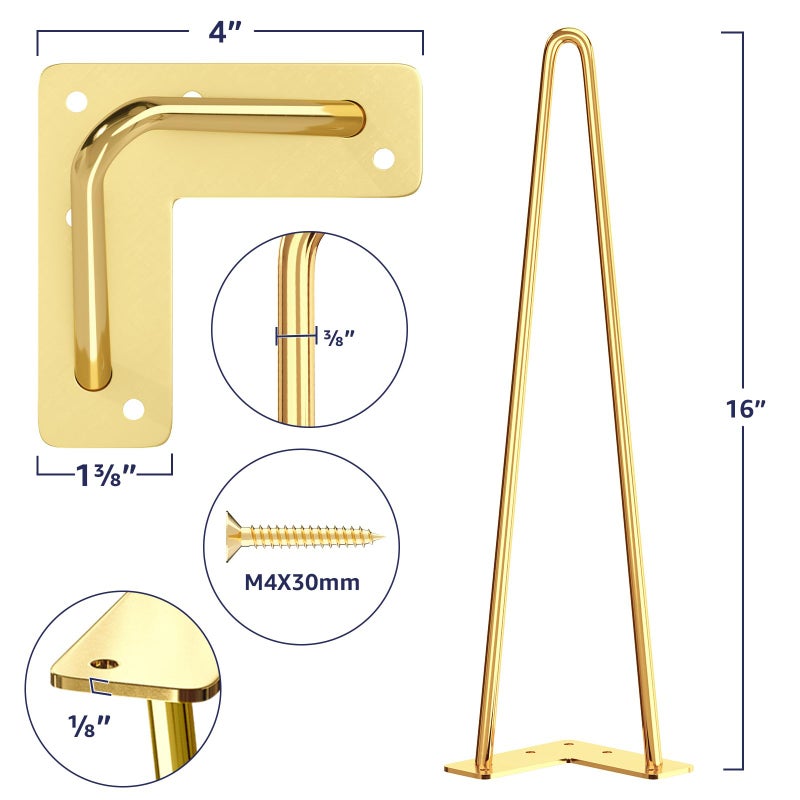 SMARTSTANDARD 16 Inch Hairpin Furniture Legs, 3/8'' Rods Metal Home DIY Projects for Nightstand, Coffee Table, Desk with Rubber Floor Protectors, Gold Set of 4PCS - Image 2