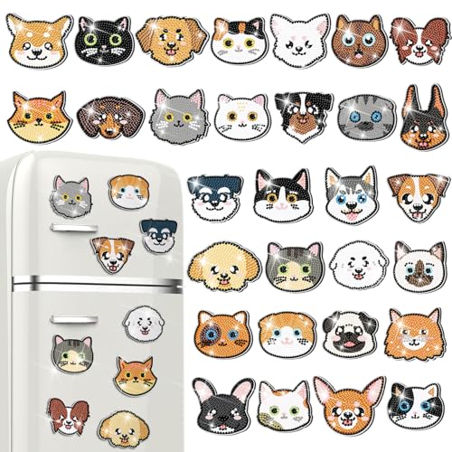 Remuuly 30 Pcs Animal Diamond Painting Magnets Cat and Dog Diamond Art Magnets Kits for Adults Cute Animal 5D Rhinestones Refrigerator Magnetic Stickers Dog Fridge Sticker for Fridge DIY Crafts Gifts - Image 1