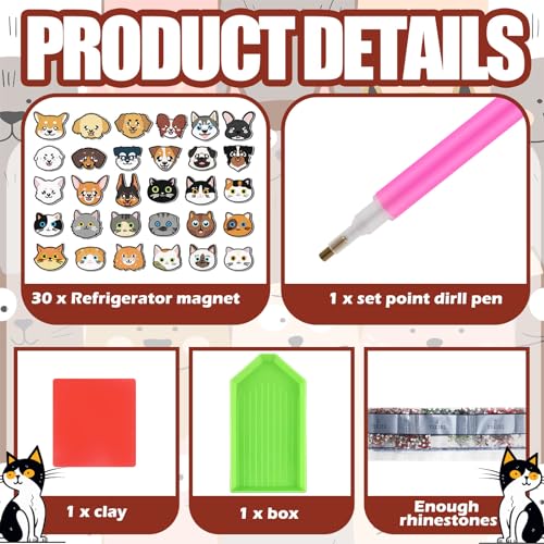 Remuuly 30 Pcs Animal Diamond Painting Magnets Cat and Dog Diamond Art Magnets Kits for Adults Cute Animal 5D Rhinestones Refrigerator Magnetic Stickers Dog Fridge Sticker for Fridge DIY Crafts Gifts - Image 5