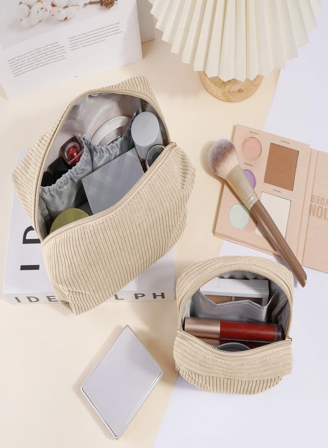 MAGEFY Makeup Bag 2 Pcs Corduroy Cosmetic Bag Small Makeup Bags for Women Travel Pouch with Slip-in Pockets（Beige） - Image 5