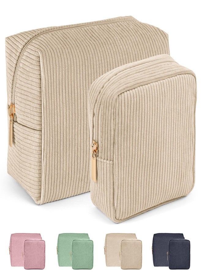 MAGEFY Makeup Bag 2 Pcs Corduroy Cosmetic Bag Small Makeup Bags for Women Travel Pouch with Slip-in Pockets（Beige） - Image 1