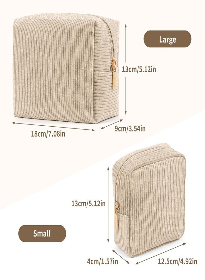 MAGEFY Makeup Bag 2 Pcs Corduroy Cosmetic Bag Small Makeup Bags for Women Travel Pouch with Slip-in Pockets（Beige） - Image 3