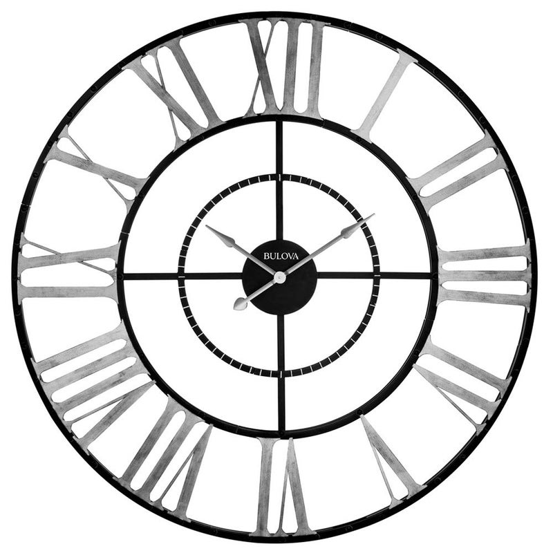 ساعة حائط كبيرة الحجم بولوفا C4877 زيلاند باللونين الأسود والفضي