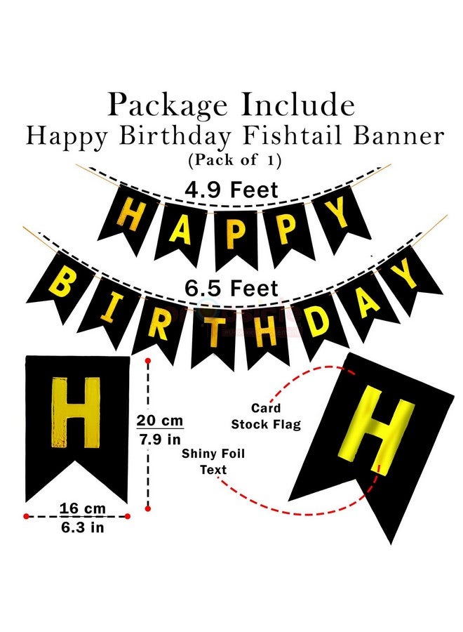 Propsicle Happy Birthday Cardstock Black Pack of 1 Fishtail Banner Party Decoration Item With Ribbon Boys Girls Theme Bunting - Image 4