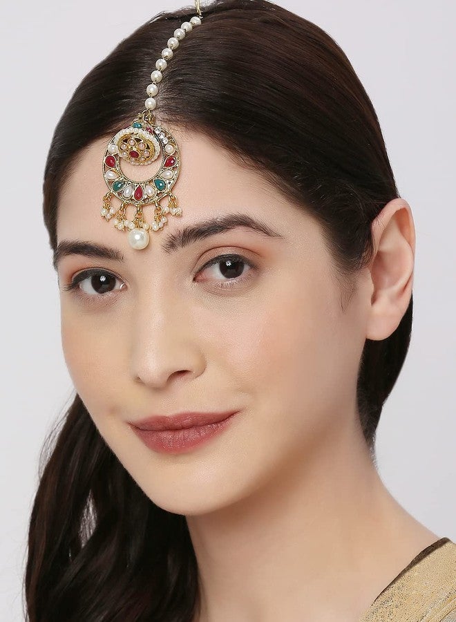 Fabula by OOMPH Jewellery Gold Tone Red Green Stones & Peals Jadau Ethnic Borla Maangtikka For Women & Girls Stylish Latest - Image 4