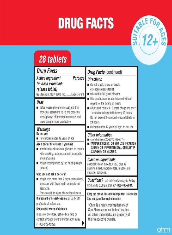 Ohm Guaifenesin 1200mg, Chest Congestion and Mucus Relief Extended-Release Maximum Strength Tablets, 12-Hour Expectorant Helps Thin & Loosen Stubborn Mucus, Non-Drowsy (Pack of 1 - Image 2