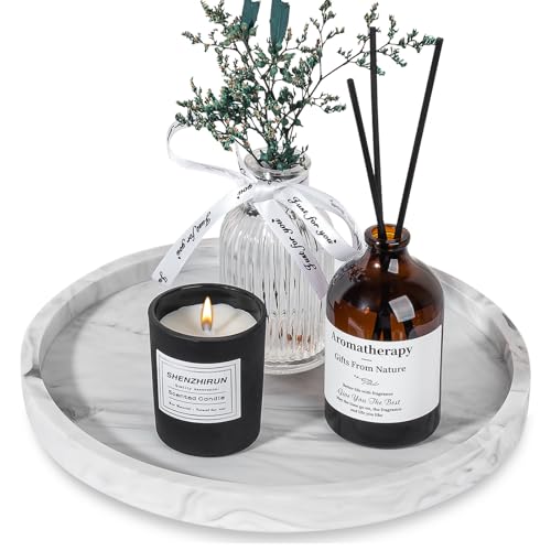 Heagoale Silicone Bathroom Tray Round Vanity Tray Decorative Soap Holder Kitchen Countertop Organizer Coffee Table Decor for Candle, Perfume, Plant, 9 Inch, Marble Grey - Image 1