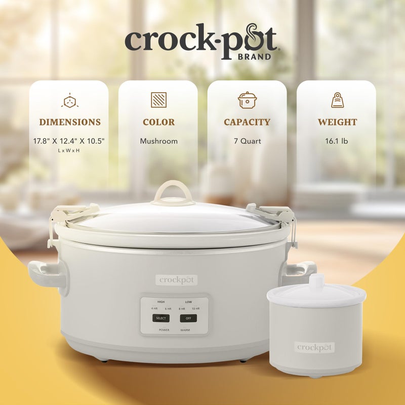 Crock-Pot 7 Quart Cook and Carry Slow Cooker with Touch Control, 4 Pre Programmed Settings, Removable Stoneware, and Locking Lid, Mushroom - Image 3