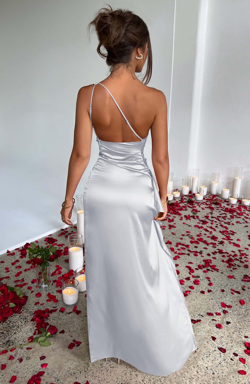 Memoriesea Women's Sexy One Shoulder Satin High Split Cocktail Wedding Party Maxi Dress Silvery - Image 5