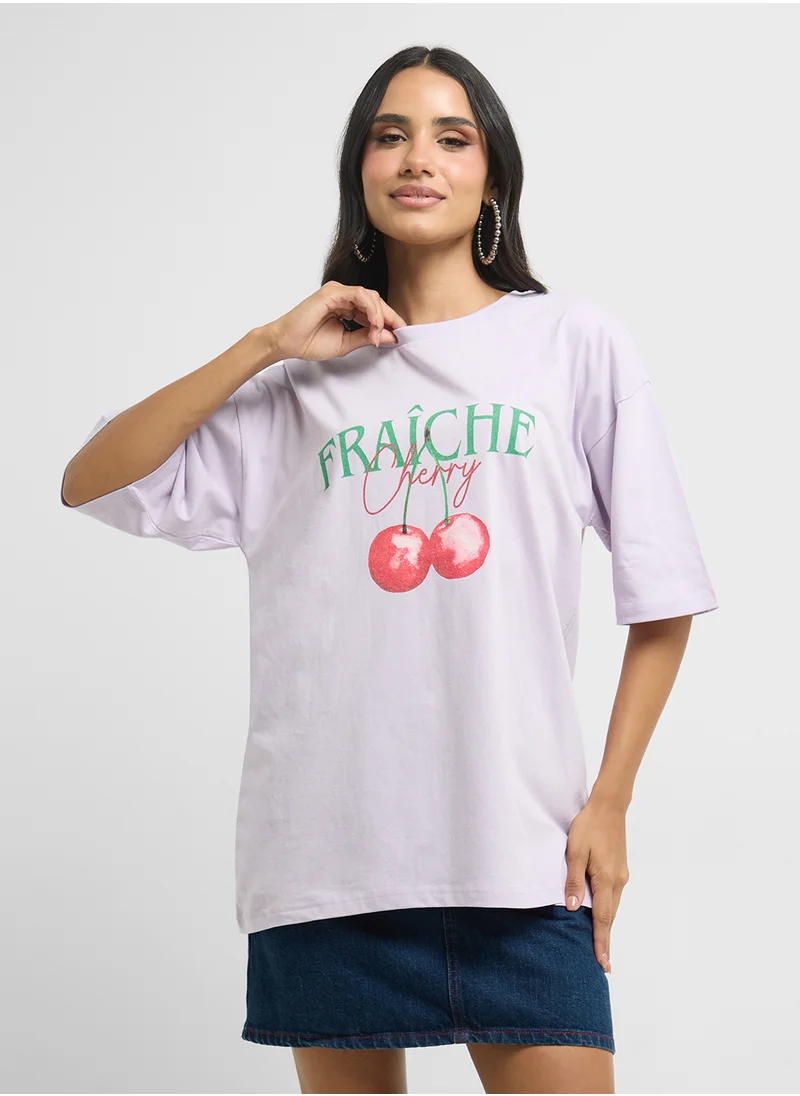 Ginger Oversize Cherry Detail Graphic T-Shirt