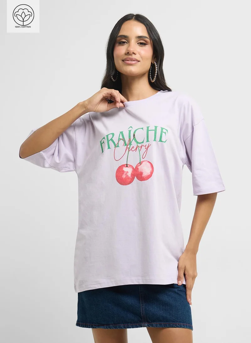 Ginger Oversize Cherry Detail Graphic T-Shirt