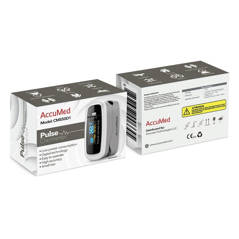 AccuMed مقياس التأكسج بالاصبع AccuMed CMS-50D1 لقياس نسبة الأكسجين في الدم ومعدل النبض للرياضة والطيران. محمول وخفيف الوزن مع شاشة LED، 2 بطارية AAA، حبل عنق وحقيبة سفر (بيضاء) - Image 4