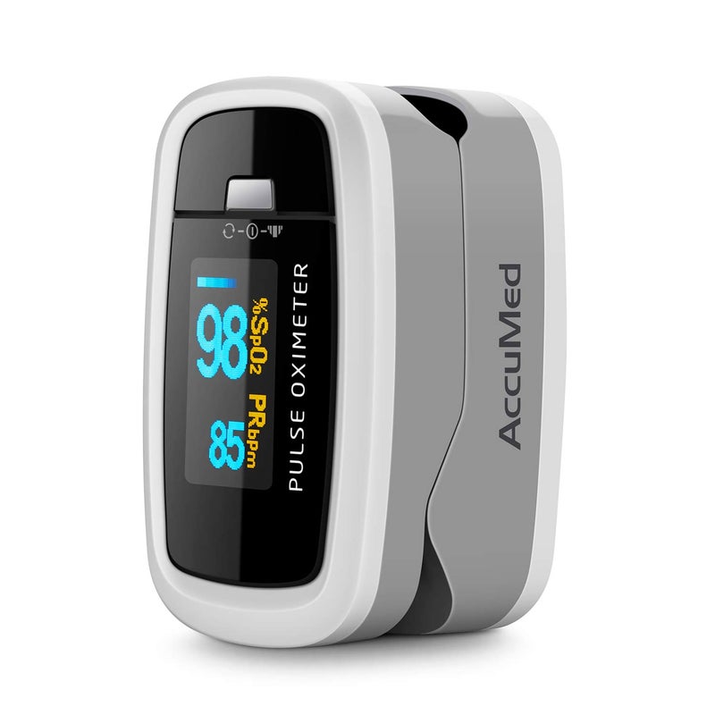AccuMed مقياس التأكسج بالاصبع AccuMed CMS-50D1 لقياس نسبة الأكسجين في الدم ومعدل النبض للرياضة والطيران. محمول وخفيف الوزن مع شاشة LED، 2 بطارية AAA، حبل عنق وحقيبة سفر (بيضاء) - Image 1