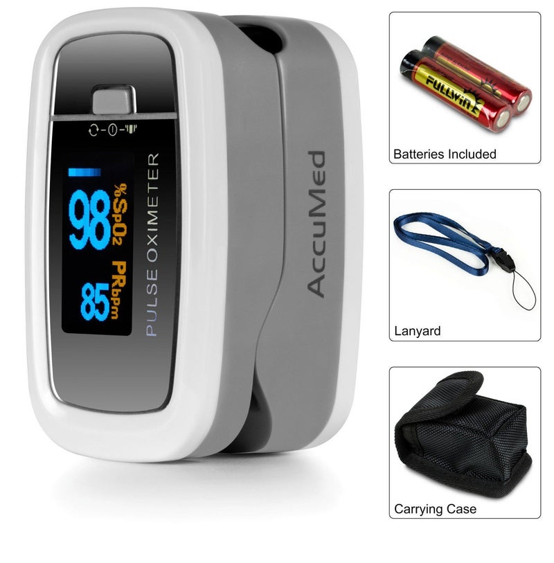 AccuMed مقياس التأكسج بالاصبع AccuMed CMS-50D1 لقياس نسبة الأكسجين في الدم ومعدل النبض للرياضة والطيران. محمول وخفيف الوزن مع شاشة LED، 2 بطارية AAA، حبل عنق وحقيبة سفر (بيضاء) - Image 3