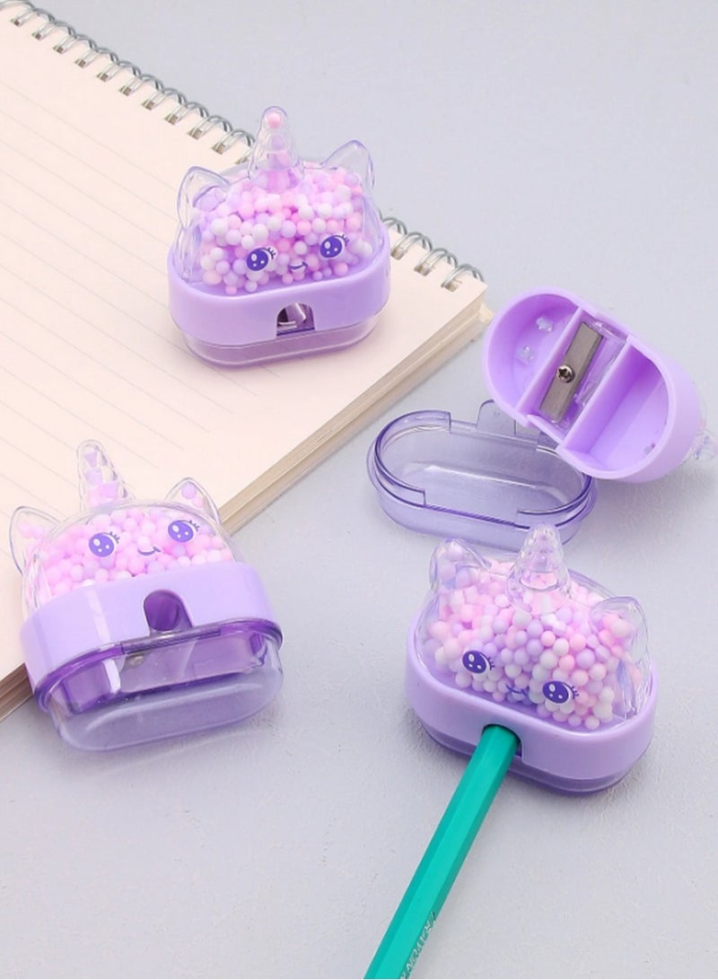 مبراة أقلام بتصميم وجه يونيكورن – شكل لطيف مع خرز بنفسجي وحاوية مدمجة للنفايات - Image 1