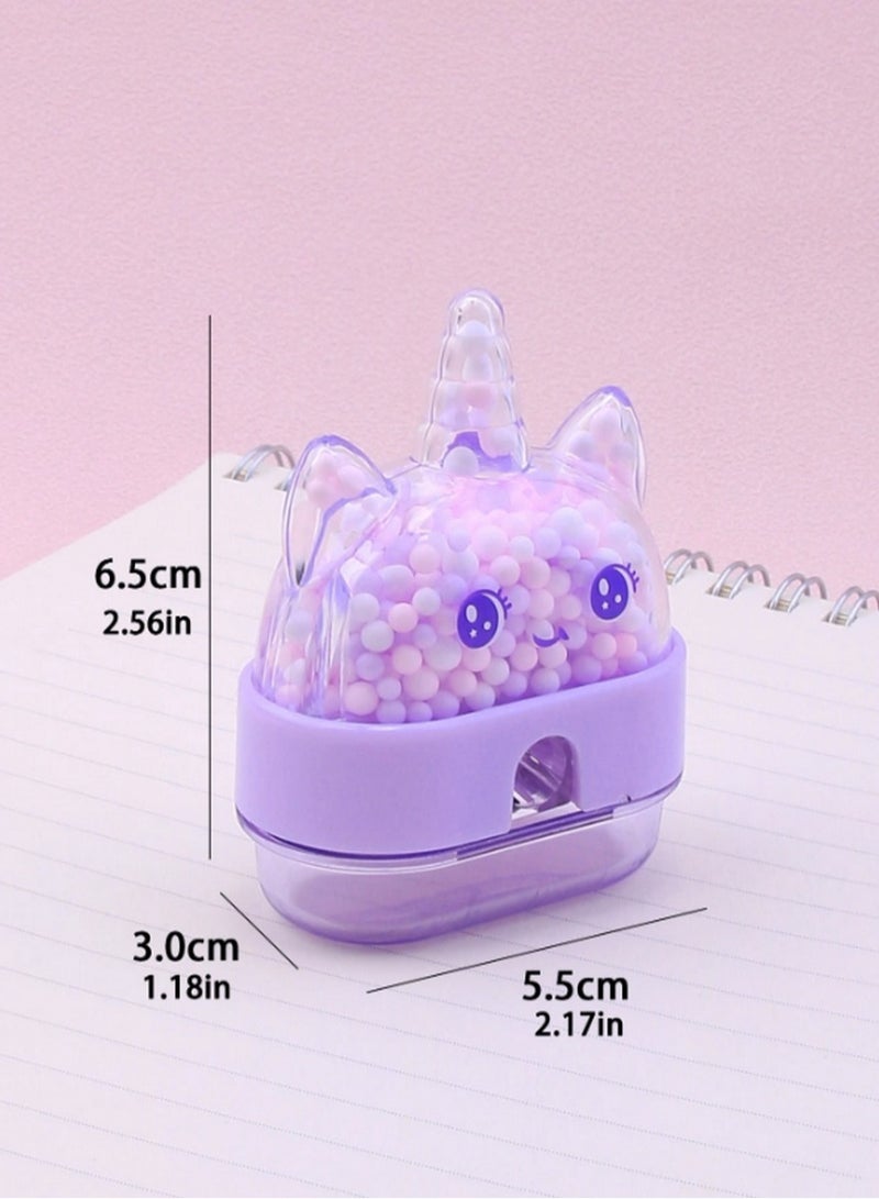 مبراة أقلام بتصميم وجه يونيكورن – شكل لطيف مع خرز بنفسجي وحاوية مدمجة للنفايات - Image 4