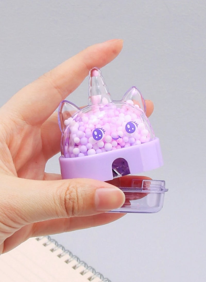 مبراة أقلام بتصميم وجه يونيكورن – شكل لطيف مع خرز بنفسجي وحاوية مدمجة للنفايات - Image 3