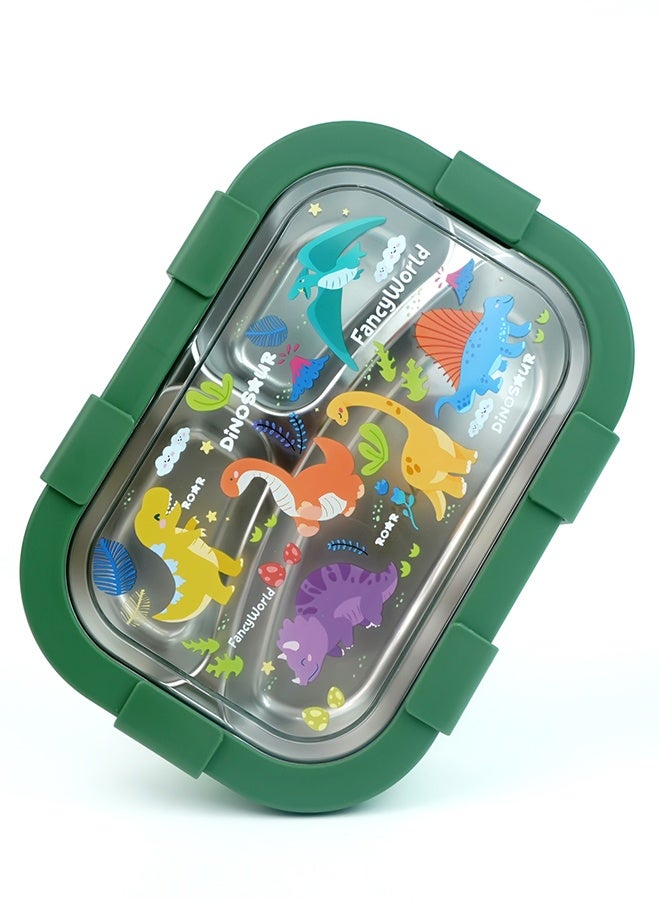 LITTLE SURPRISE BOX Little Surprise Box,3 Sections Olive Dino Stainless Steel Lunch Box For Kids - Image 1