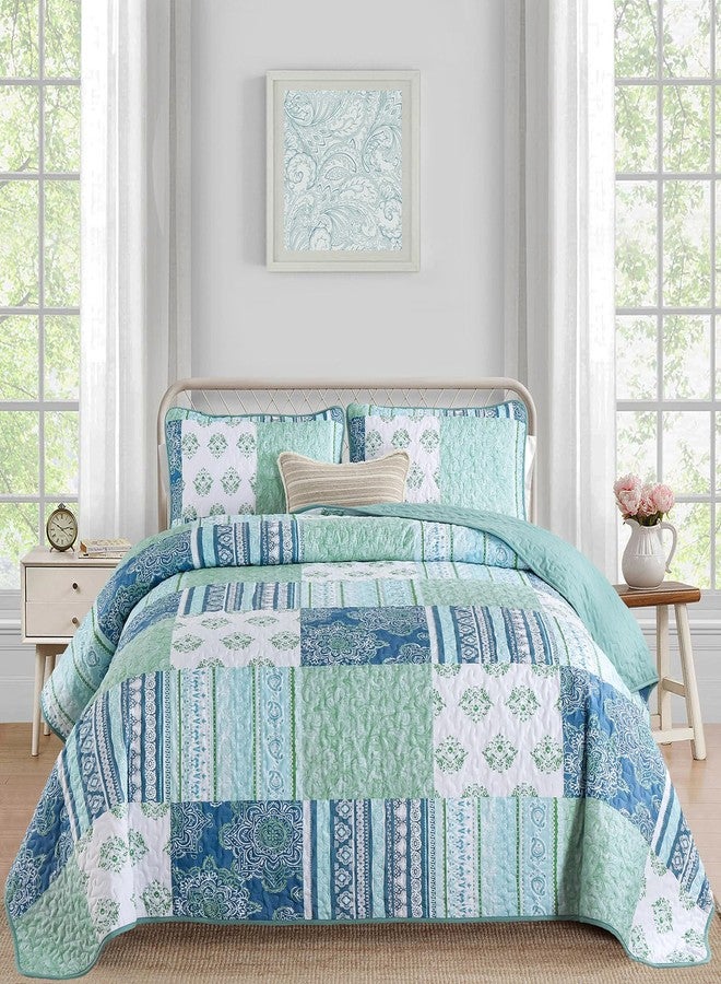 Dintszyayue Green Quilt Set King Size, Boho Plaid Patchwork Bedspreads Coverlet Set,3 Pieces Soft Lightweight Microfiber Quilt Bedding Set for All Seasons,1 Quilt and 2 Pillow Shams-104 x90 - Image 2