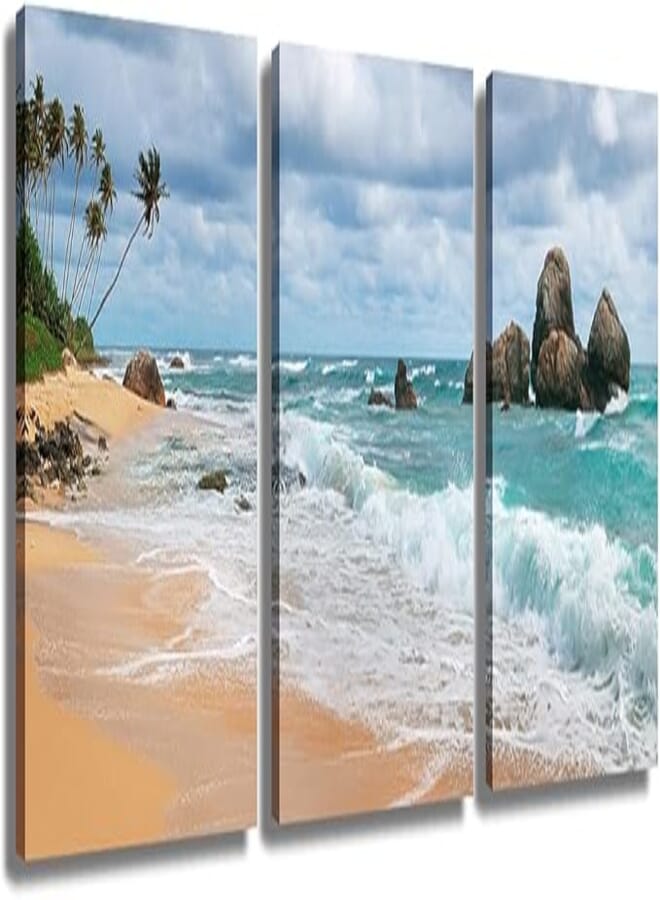 Juhuso 3 Panels Blue Seascape Canvas Wall Art - Beautiful Tropical Beach Painting Blue Water and Palm Trees Print Pictures Pictures of Home Decoration, Ready to Hang 12x16 inches