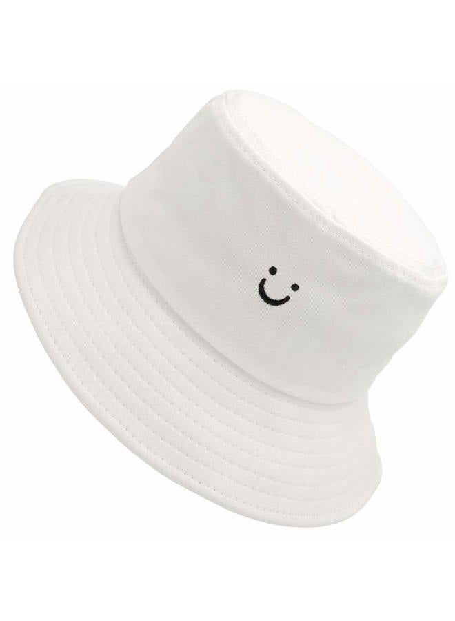 MaxNova Cute Bucket Hats Summer Travel Beach Sun Hat Embroidery Visor Smile Face Outdoor Cap for Women Men 2pack, White/Pink, One size - Image 4