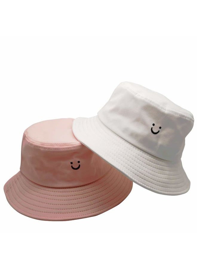 MaxNova Cute Bucket Hats Summer Travel Beach Sun Hat Embroidery Visor Smile Face Outdoor Cap for Women Men 2pack, White/Pink, One size - Image 2