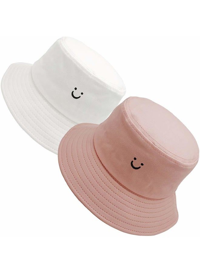 MaxNova Cute Bucket Hats Summer Travel Beach Sun Hat Embroidery Visor Smile Face Outdoor Cap for Women Men 2pack, White/Pink, One size - Image 1