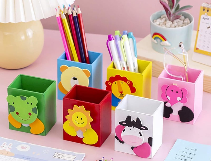 GOLD LEAF Wooden Animal Pen Stand Set – Square Shape Multi-Color Desk Organizer with Cute Animals Face Clips – Pack of 6Pcs Pencil Holders for Kids, School, Office, Home & Return Gift Use - Image 2