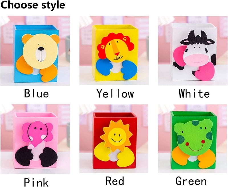 GOLD LEAF Wooden Animal Pen Stand Set – Square Shape Multi-Color Desk Organizer with Cute Animals Face Clips – Pack of 6Pcs Pencil Holders for Kids, School, Office, Home & Return Gift Use - Image 3