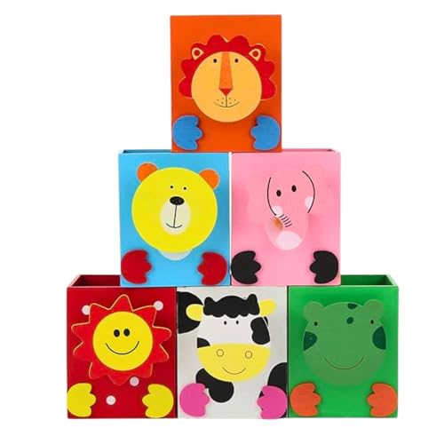 GOLD LEAF Wooden Animal Pen Stand Set – Square Shape Multi-Color Desk Organizer with Cute Animals Face Clips – Pack of 6Pcs Pencil Holders for Kids, School, Office, Home & Return Gift Use - Image 1