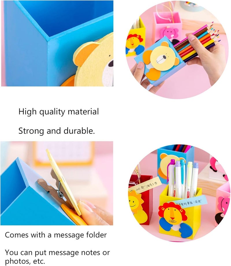 GOLD LEAF Wooden Animal Pen Stand Set – Square Shape Multi-Color Desk Organizer with Cute Animals Face Clips – Pack of 6Pcs Pencil Holders for Kids, School, Office, Home & Return Gift Use - Image 5