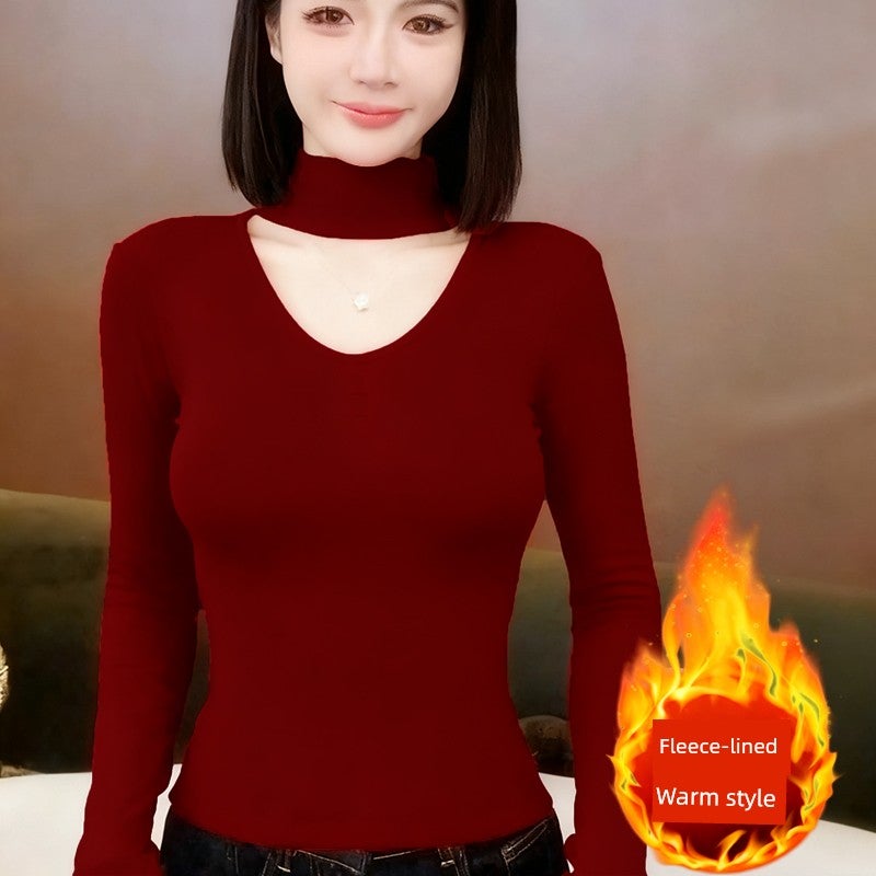 Pure desire style design sense semi-high neck, empty neck, V-neck top, women's new high-end sense, slim-fit undershirt, inner wear - Image 1