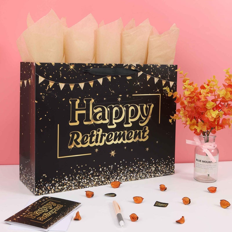 wishinside 16.5â€ Extra Large Black Retirement Gift Bag Set with Handles, Greeting Card, Tissue Papers and Stickers for Men Women Office Coworker, Farewell Going Away Party, Happy Retirement Design, 1 Pcs - Image 5