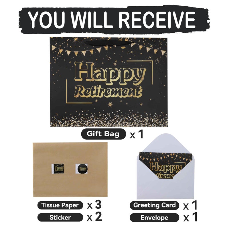 wishinside 16.5â€ Extra Large Black Retirement Gift Bag Set with Handles, Greeting Card, Tissue Papers and Stickers for Men Women Office Coworker, Farewell Going Away Party, Happy Retirement Design, 1 Pcs - Image 3