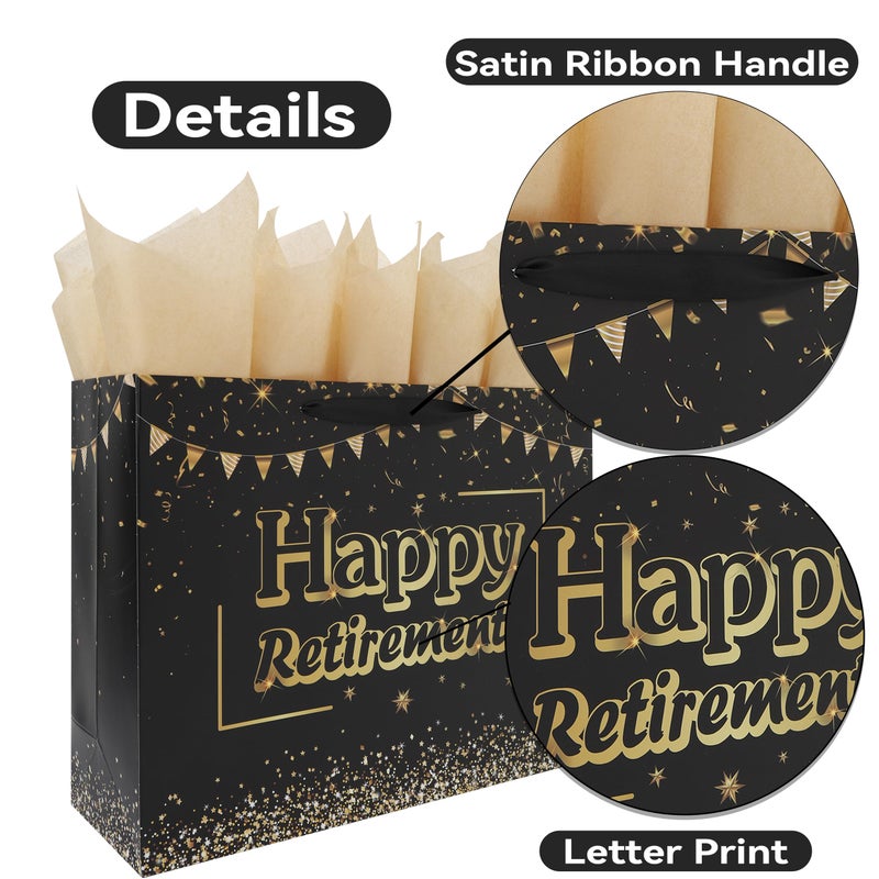wishinside 16.5â€ Extra Large Black Retirement Gift Bag Set with Handles, Greeting Card, Tissue Papers and Stickers for Men Women Office Coworker, Farewell Going Away Party, Happy Retirement Design, 1 Pcs - Image 4
